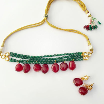 EMERALD BEADS RUBY STONE WITH PEARL & KUNDAN CHOKER