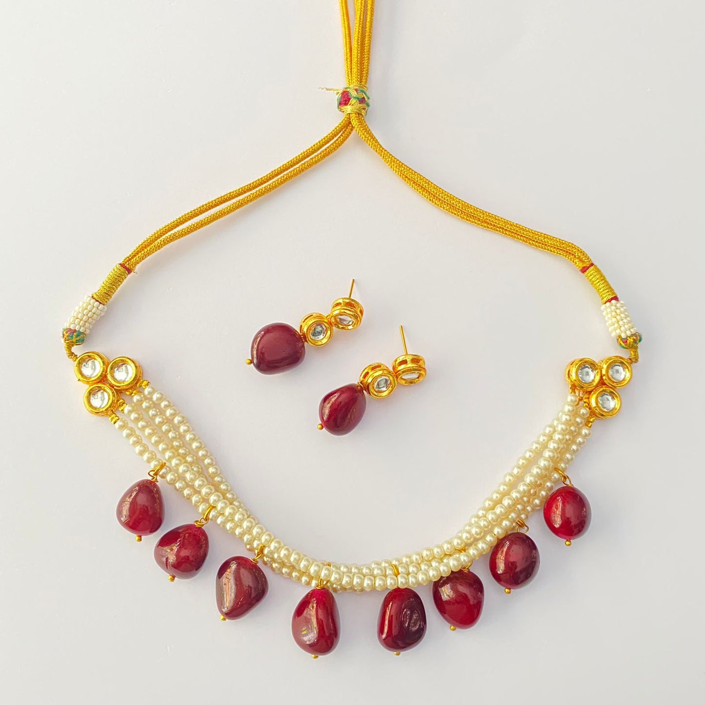 GOLD PLATED KUNDAN RUBY STONE WITH WHITE BEADS CHOKER