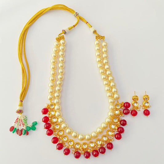 Kundan Off White Pearl With red Stone Necklace Set