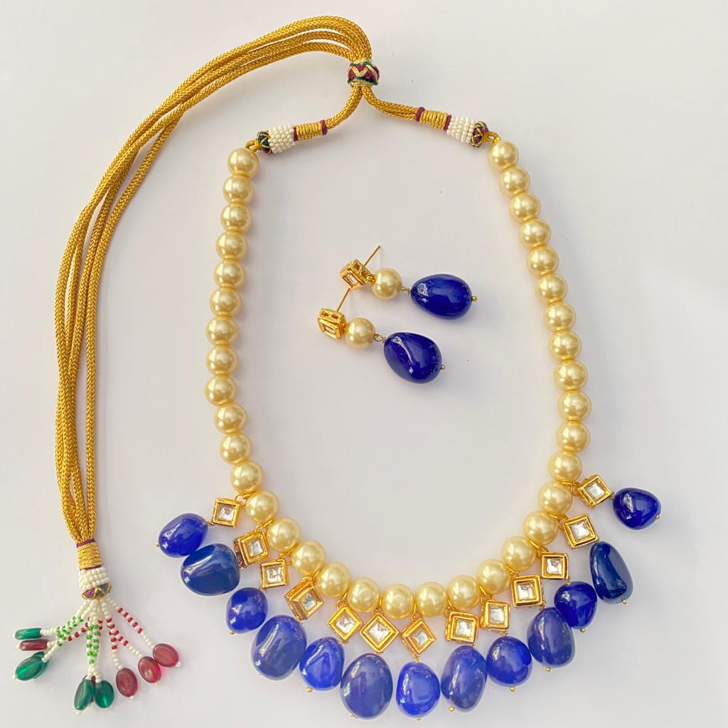 Blue With Off White Pearl Kundan Necklace Set