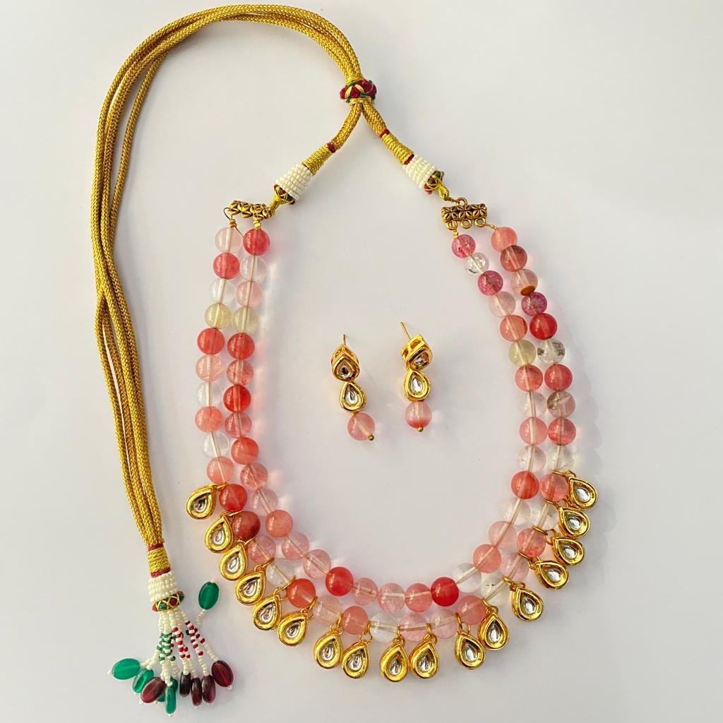 Kundan Pink Rose Quartz Double String Necklace set