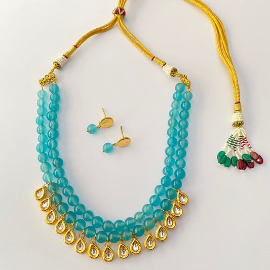 Aquamarine stone Double String with kundan Necklace