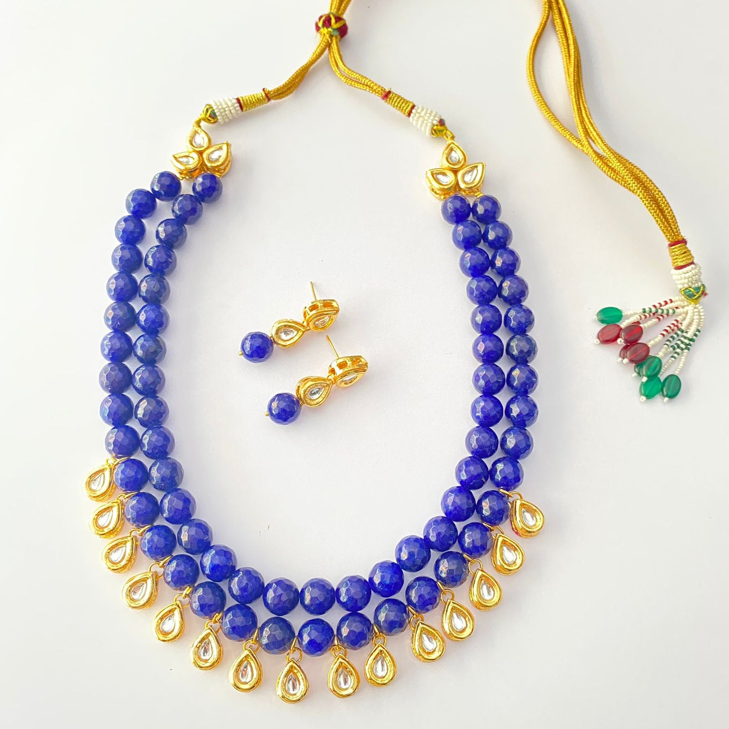 Blue Stone Double String With Kundan Necklace