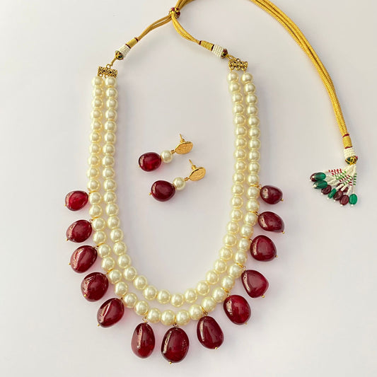 Pearl With Red Stone Necklace
