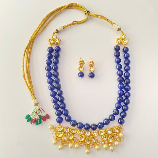 Polki Kundan Blue Stone  With Off White Pearl Necklace Set