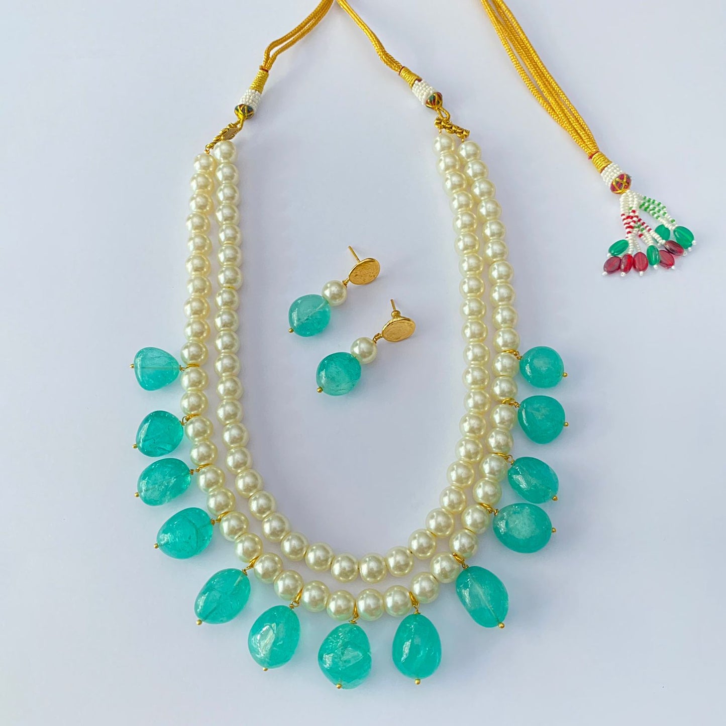 Pearl With Aquamarine Stone Necklace