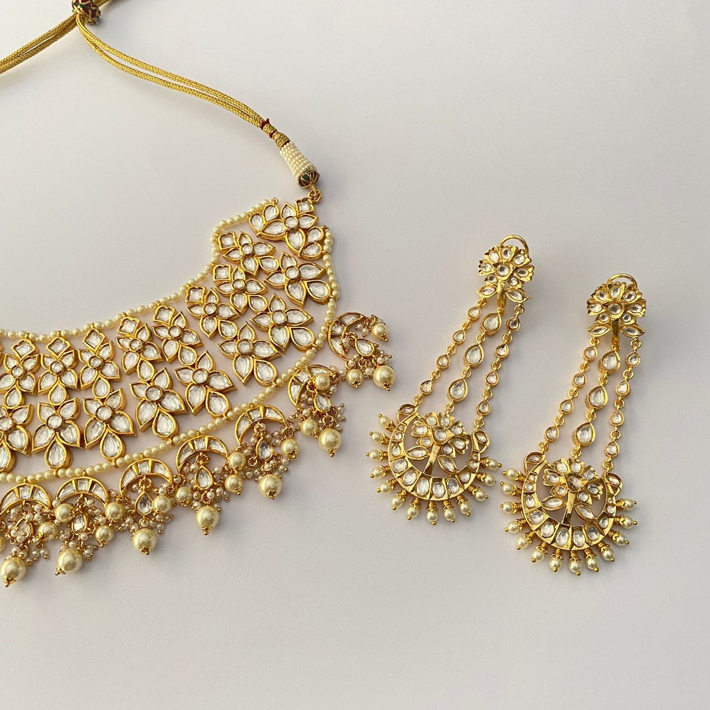 Gold Finish Kundan Polki & Pearl Bridal Set