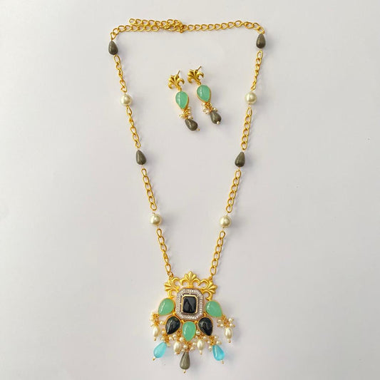 Blue With Aquamarine Gold Plated Western Long Necklace Set