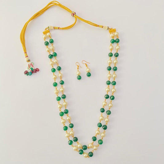 Emerald With Off White Pearl Long Necklace Set