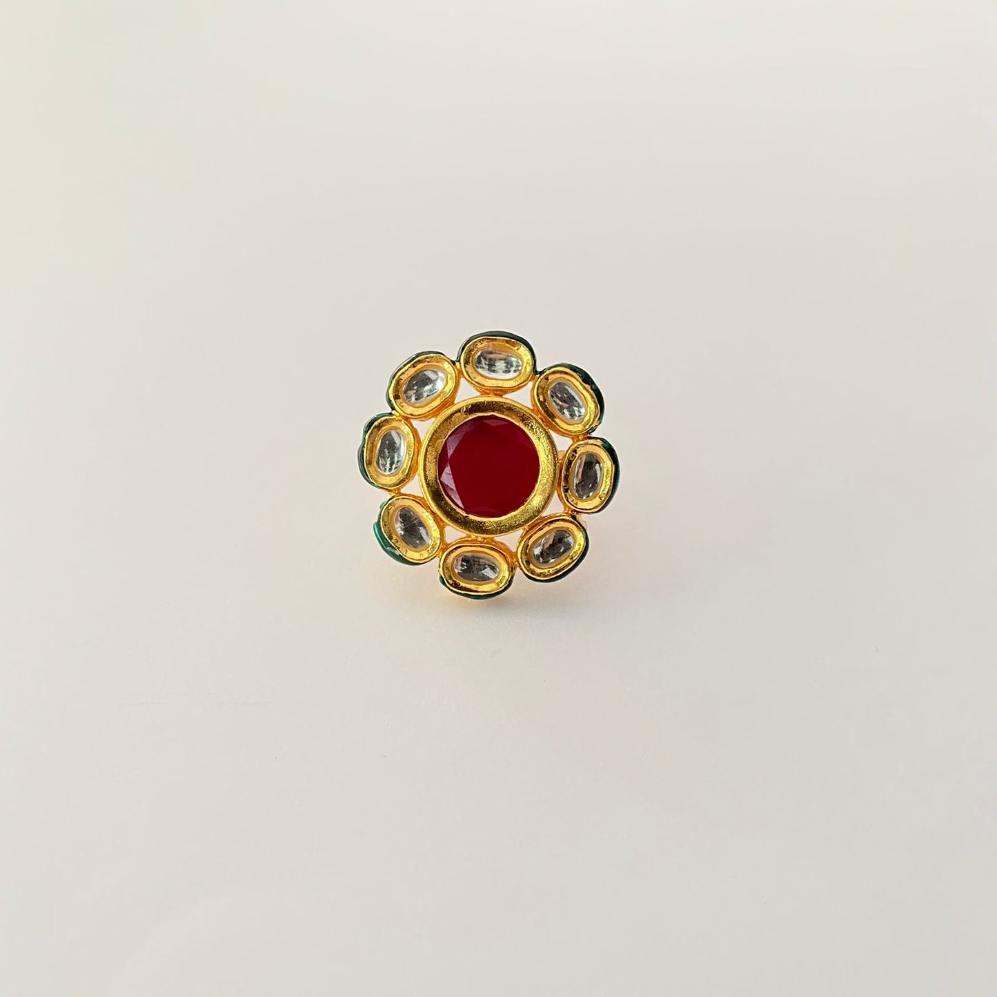 Red Polki Gold Plated Floral Ring