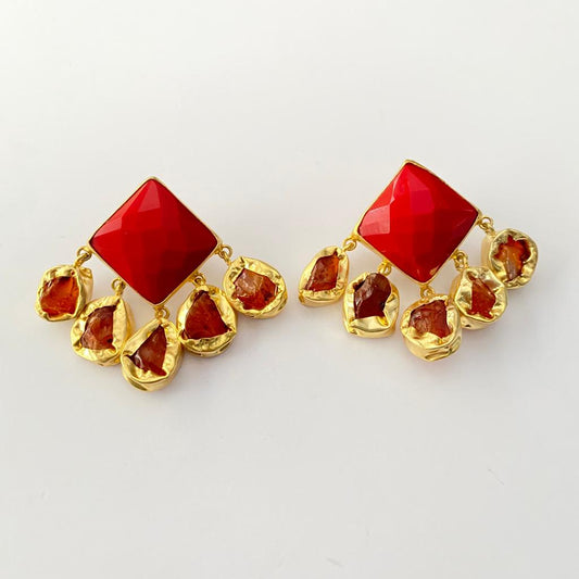 Red Stone with Multi Dangler Western Earring