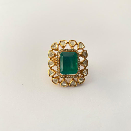 Emerald Polki  Diamond Gold Plated Ring For Party Wear