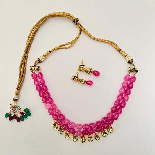 Pink Stone With Kundan Double Layer Necklace Set