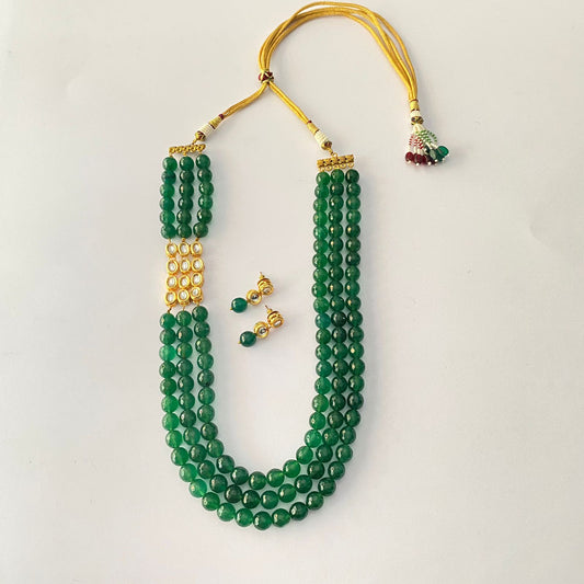 3 String Emerald Pearl With Kundan Necklace