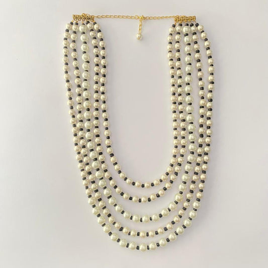 White pearl with Black Moti Multi String Necklace Set