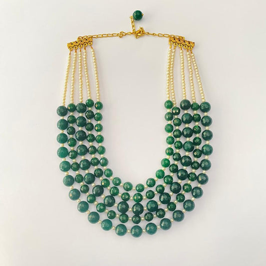 Green With White Moti multi Layer String Necklace