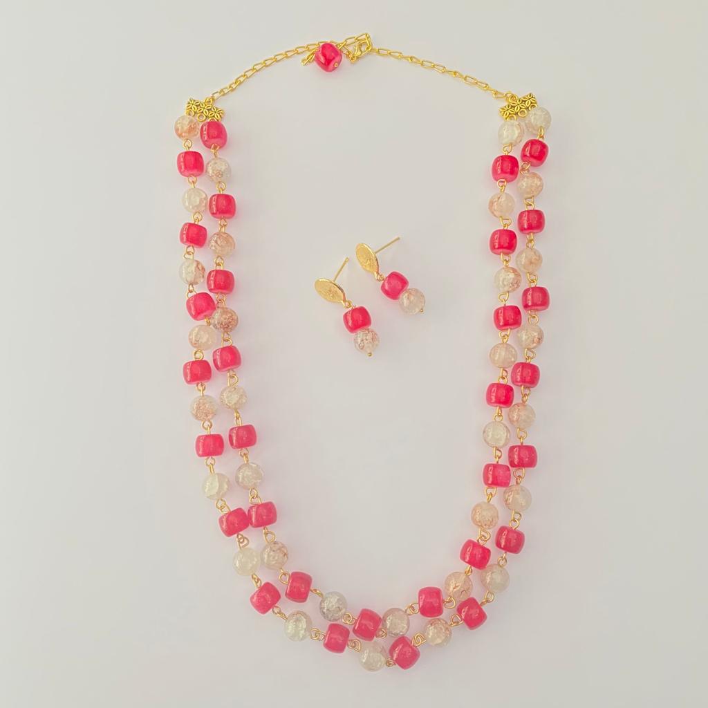Pink And peach stone Double String Necklace Set