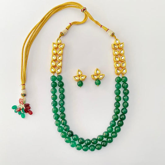 Kundan Gold Plated With Emerald Stone Double String Necklace Set