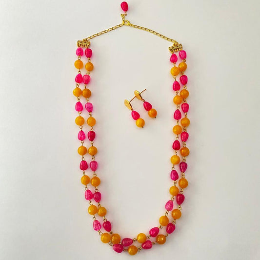 Yellow With Pink Double String Necklace Set