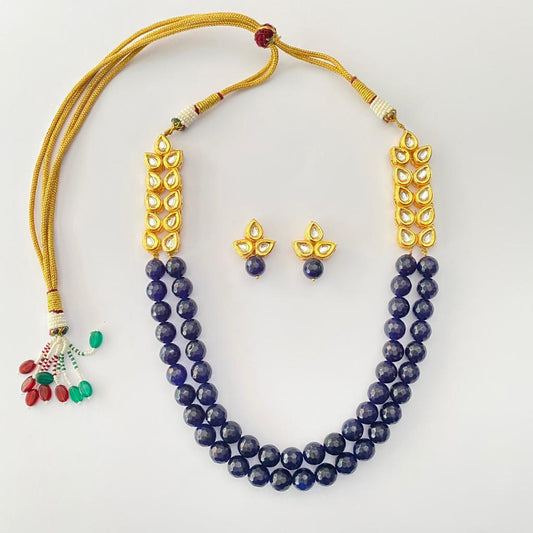 Kundan Gold Plated Leaves With Blue Stone Necklace Set