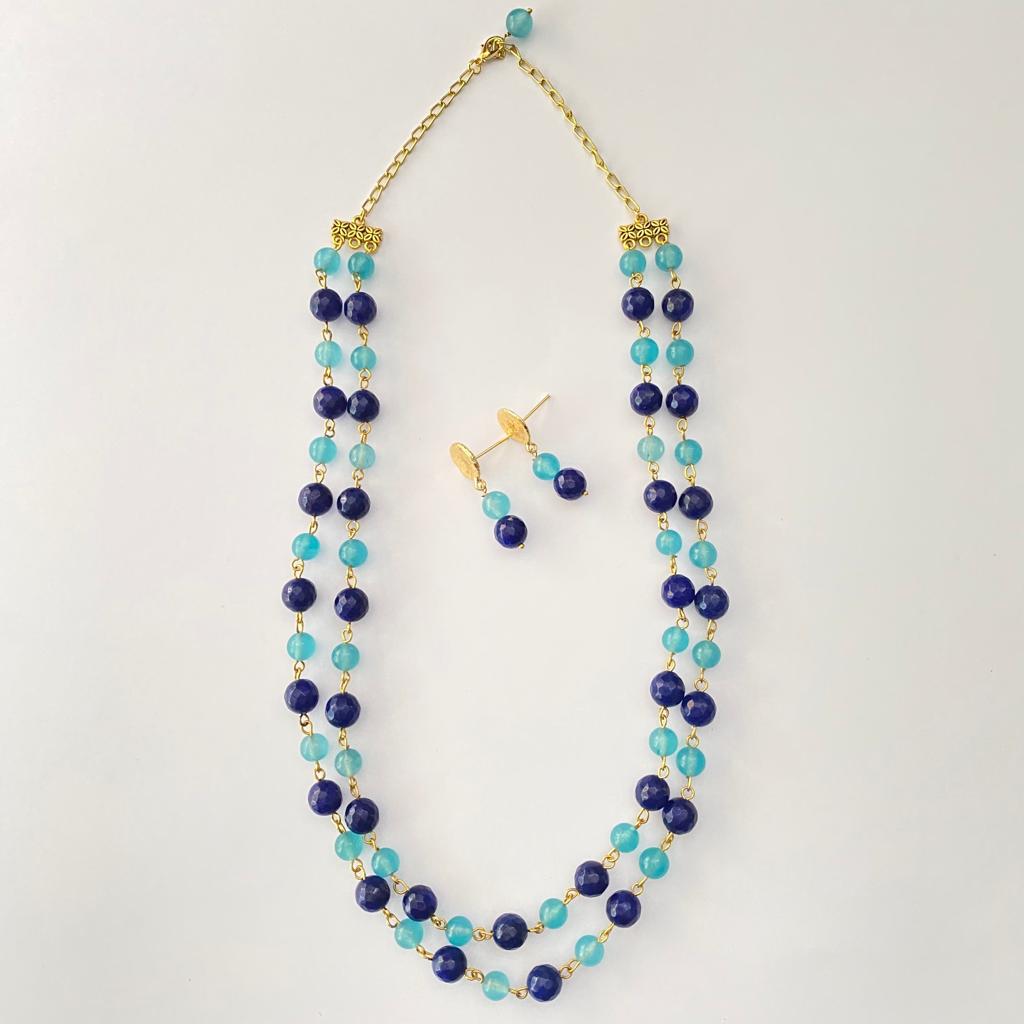 Aquamarin With Blue Stone Double String Necklace Set