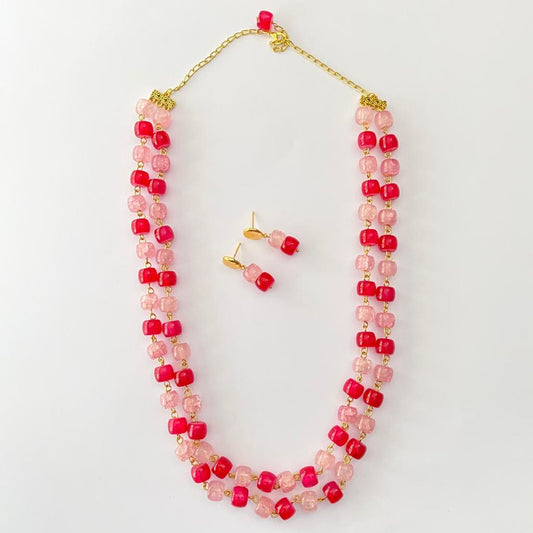 Rose Quartz With Pink Double String Necklace Set