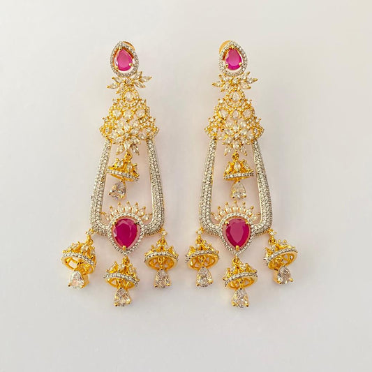 Diamond Gold Plated With Pink Stone Big Classic Earring