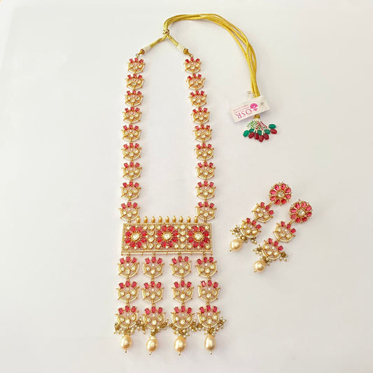 Gold Plated Pearl Ruby Stone Long Necklace Set