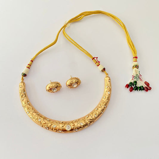 Traditional Meenakari Kundan Jadau Polki Hasli Necklace With Stud Earrings