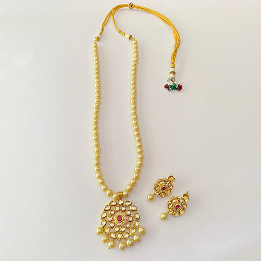 Kundan Pearl Red Stone Necklace With Earring