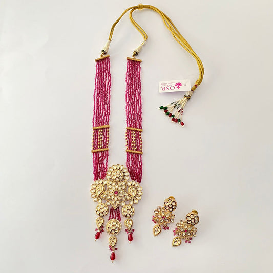 Gold Plated Ruby Bead Necklace With Earring