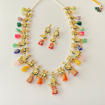 Multi Color Long Necklace With Earring