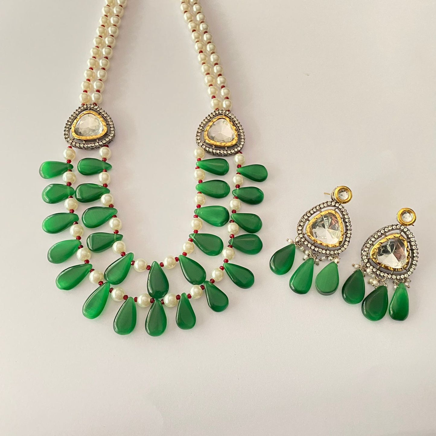 Royal Emerald Pearl With Polki Long Necklace Set
