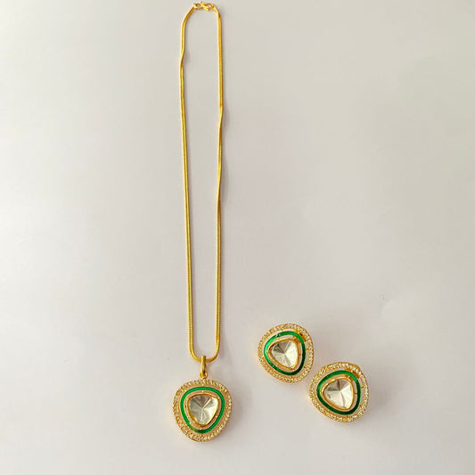 Gold Plated Polki Emerald Pendant With Chain Set