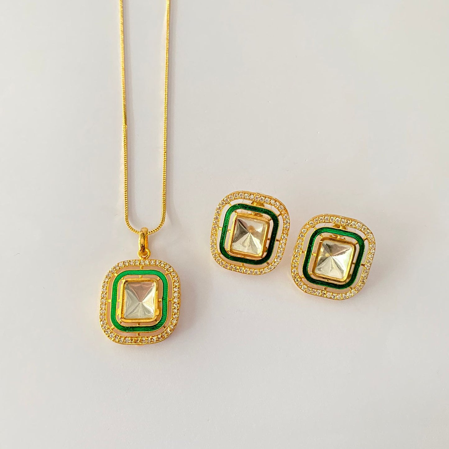 Gold Plated Square Shape Emerald Polki Pendant Set