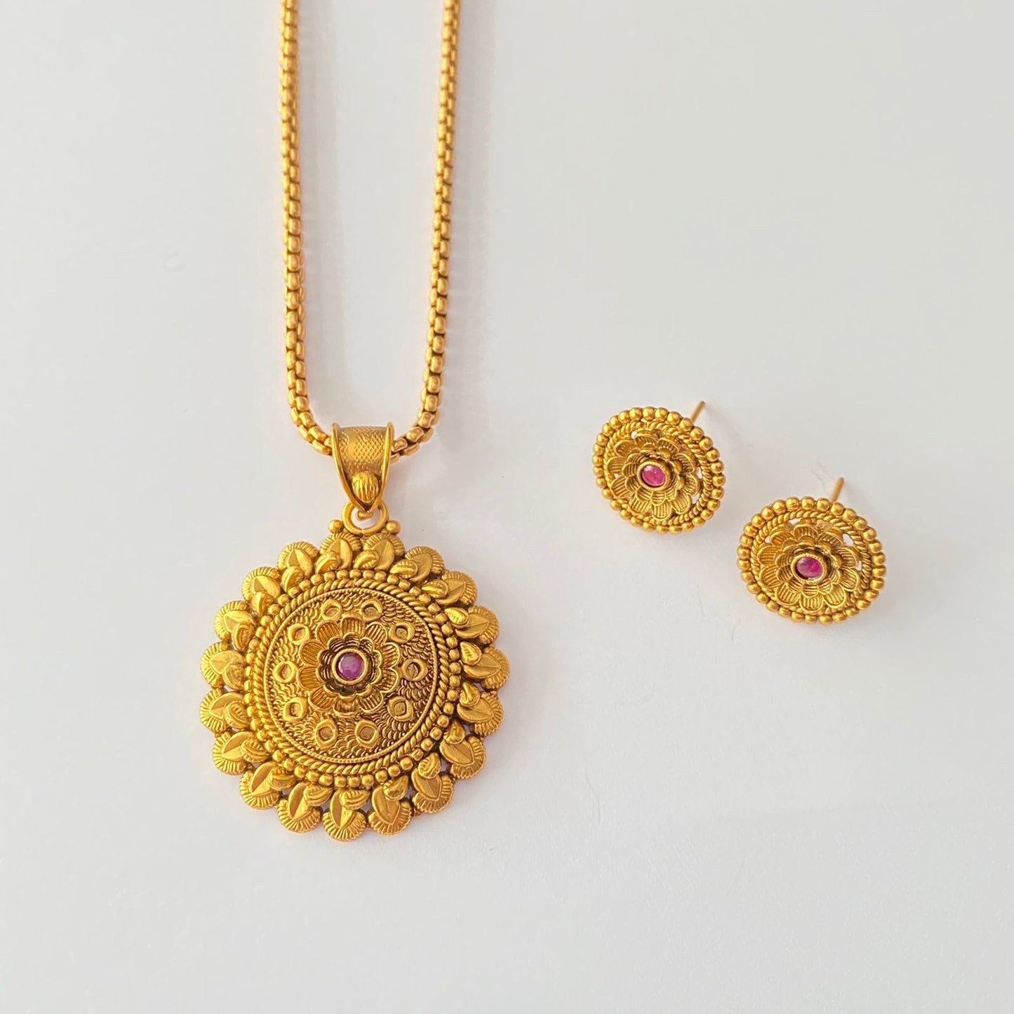 Gold Plated Pink Stone Pendant Set