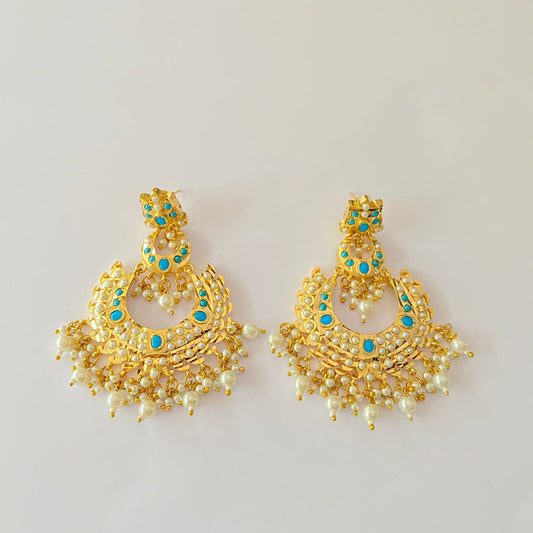 Aquamarine Gold Plated With Pearl Chand Bali