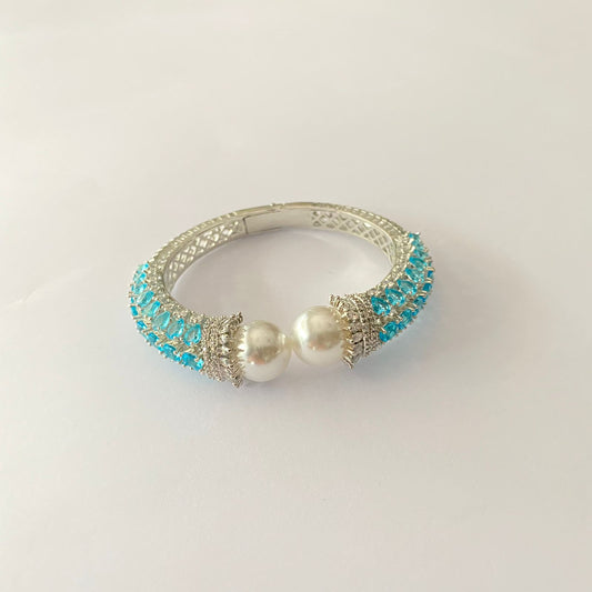 Silver Plated White Pearl Light Blue Stone Openable Bangle