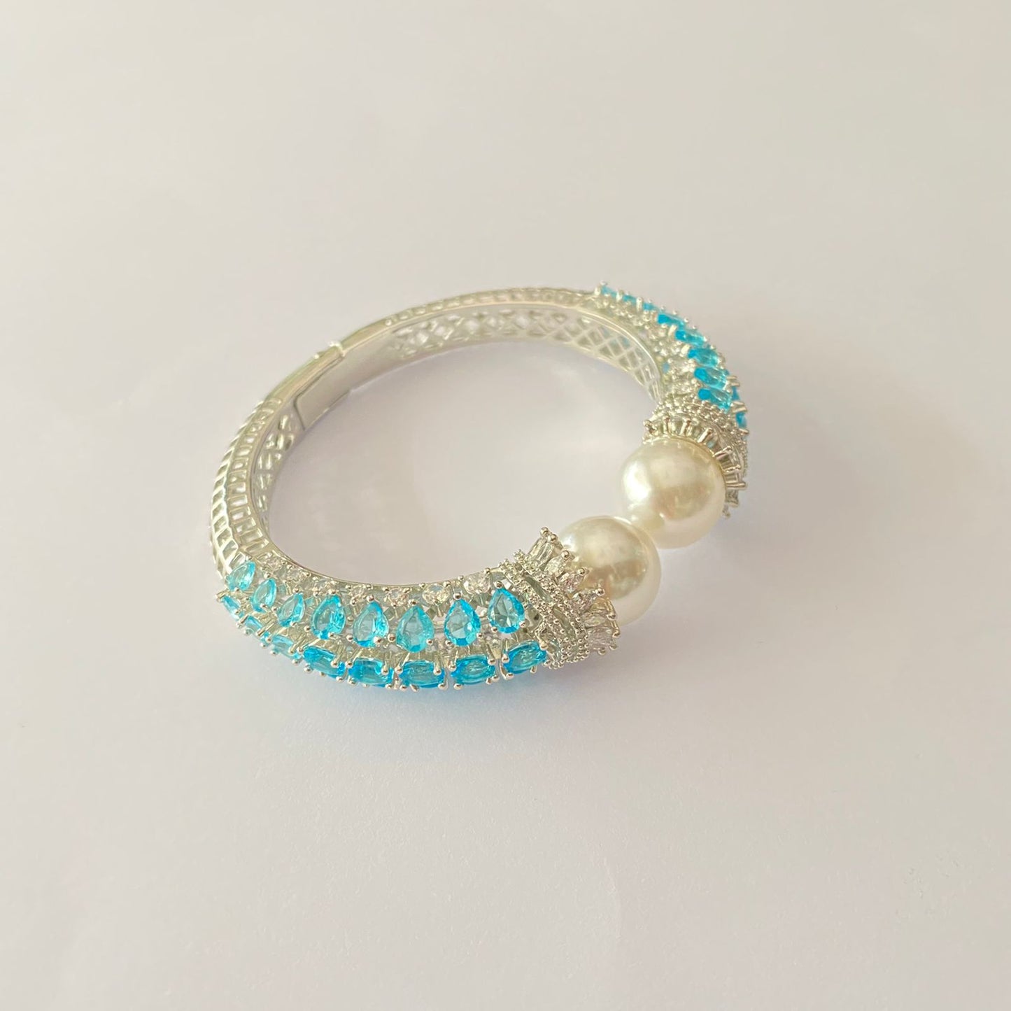 Silver Plated White Pearl Light Blue Stone Openable Bangle