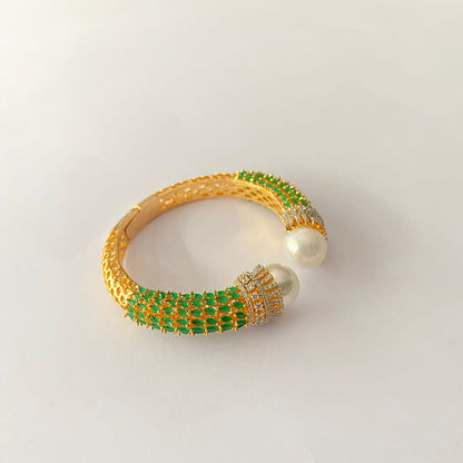 Gold Plated White Pearl Green Stone Openable Bangle