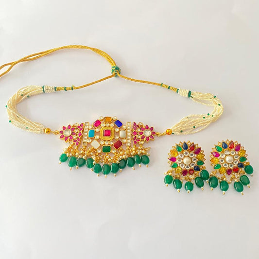 Multi ruby Gold Plated With Emerald Drop Necklace Set