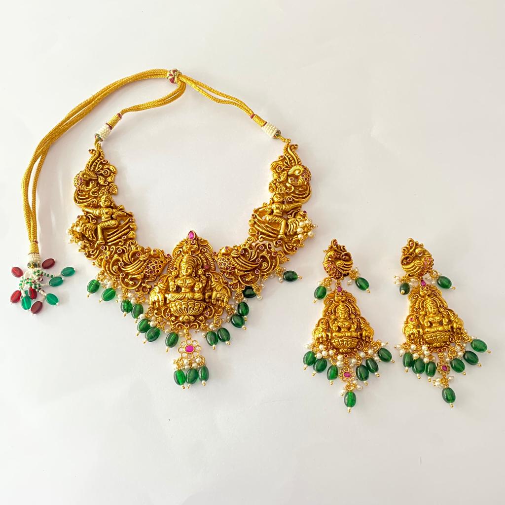Gold Plated  with Emerald Drop Temple Necklace Set