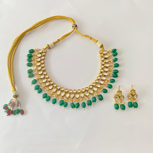 Polki Gold Plated small Pearl With Emerald Drop Necklace Set