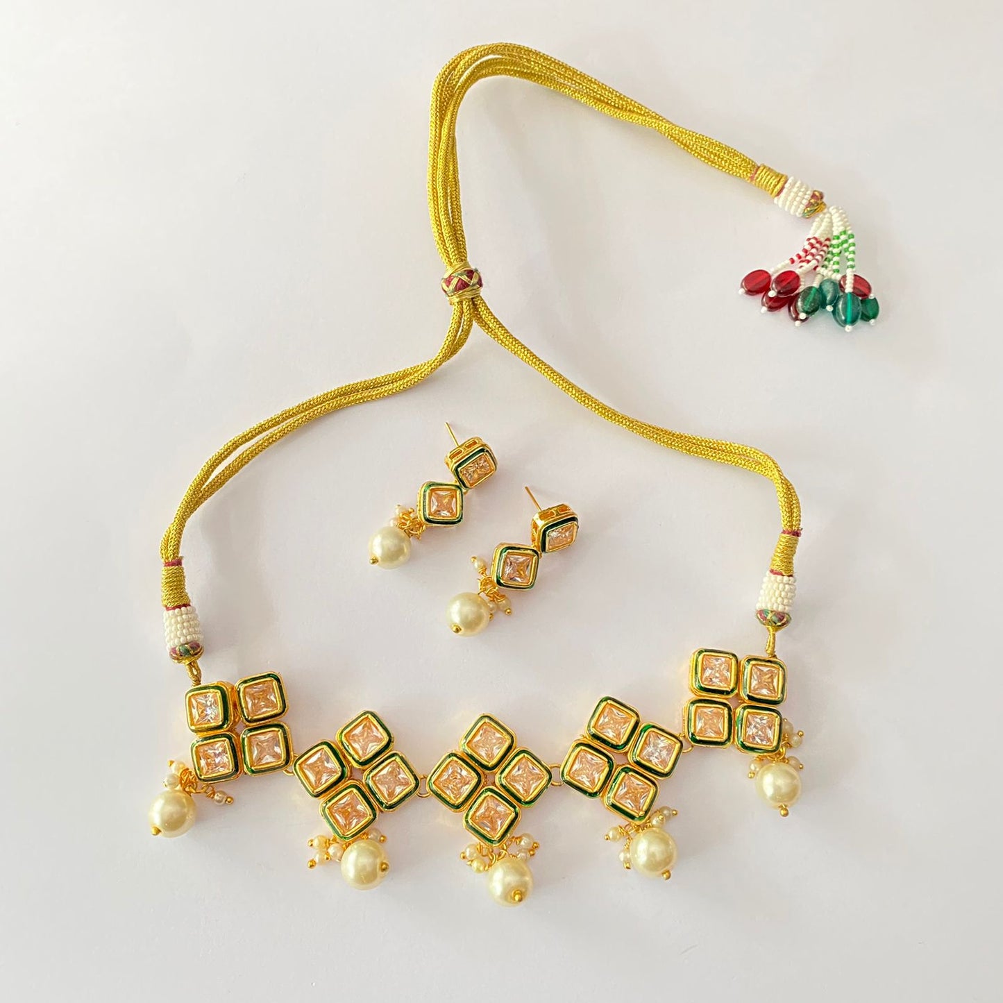 Gold Plated Pearl Emerald Kundan Choker Necklace Set