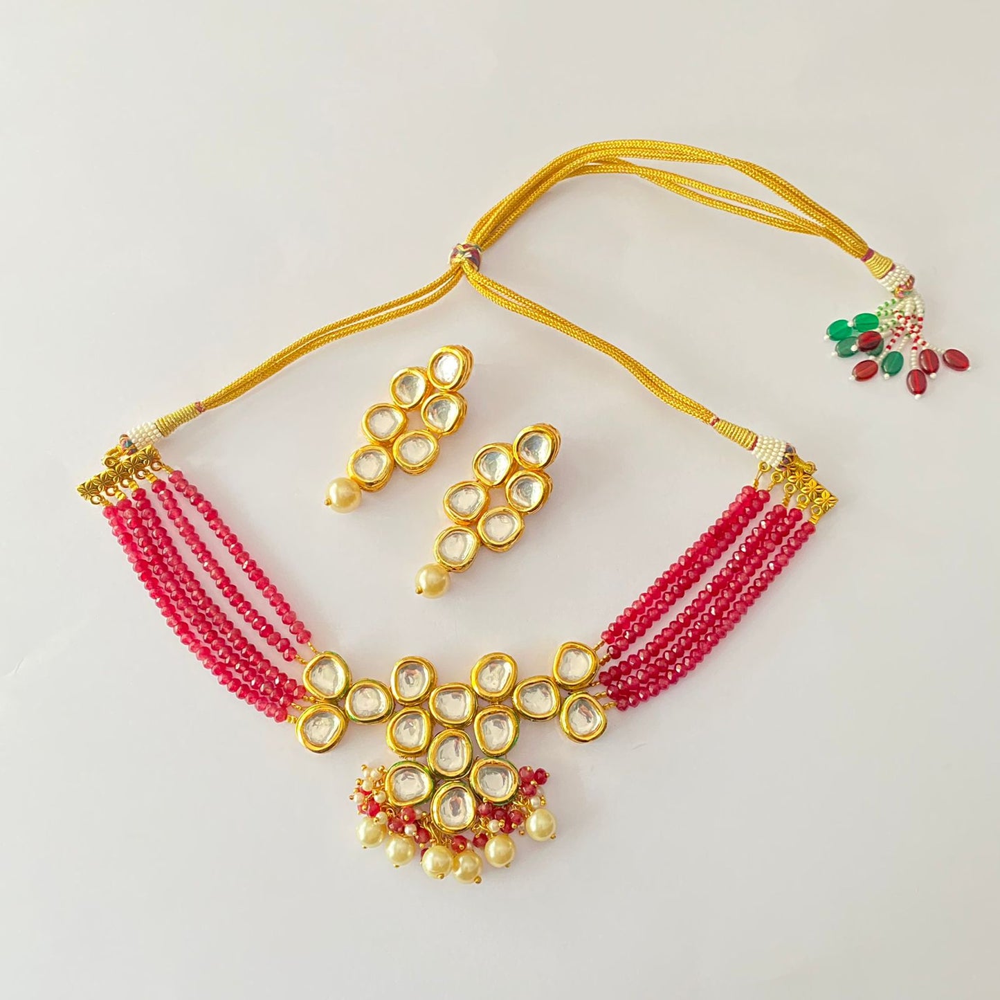 Kundan Pearl Ruby Beads Necklace Choker Set