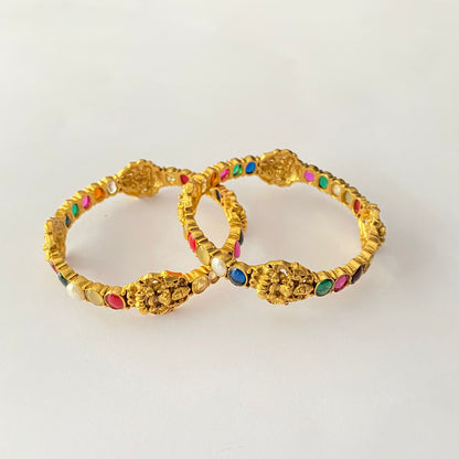 Gold-Plated Navratan Goddess Design Pair Bangles