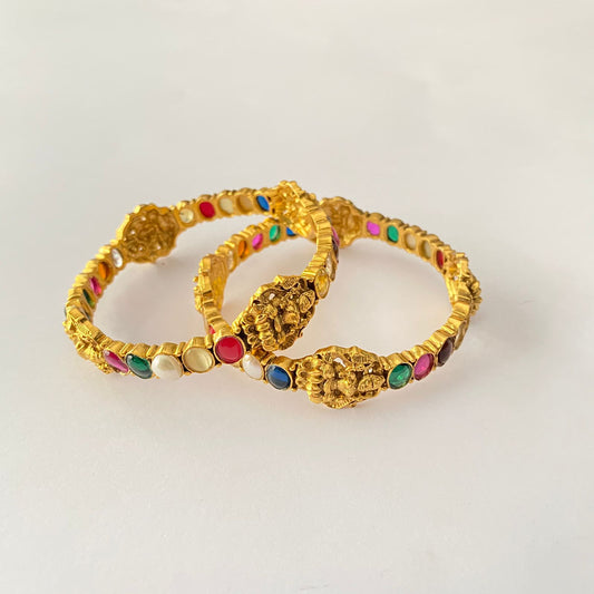 Gold-Plated Navratan Goddess Design Pair Bangles