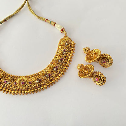 Gold Plated Pink Stone Heavy Temple Necklace With Jhumka Set