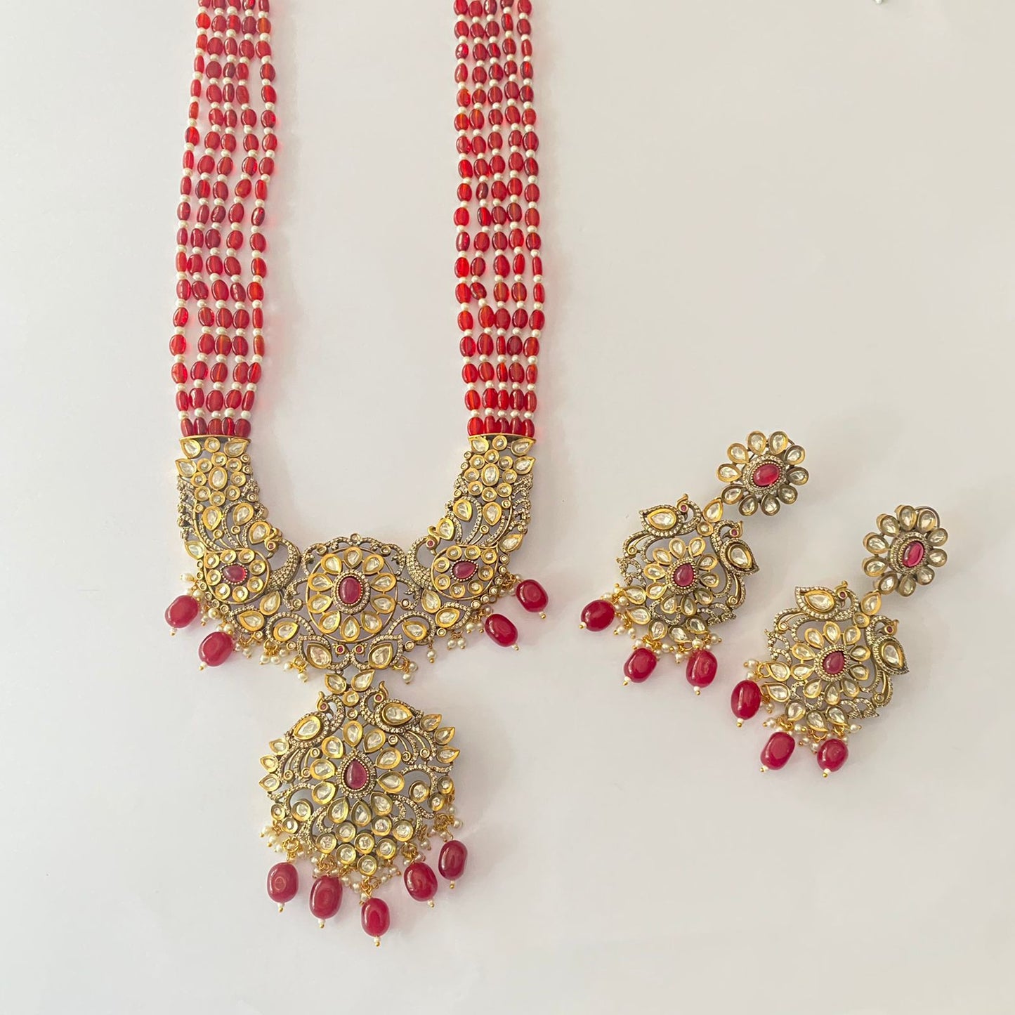 Victorian Gold Plated Peacock Ruby Stone Long Necklace Set