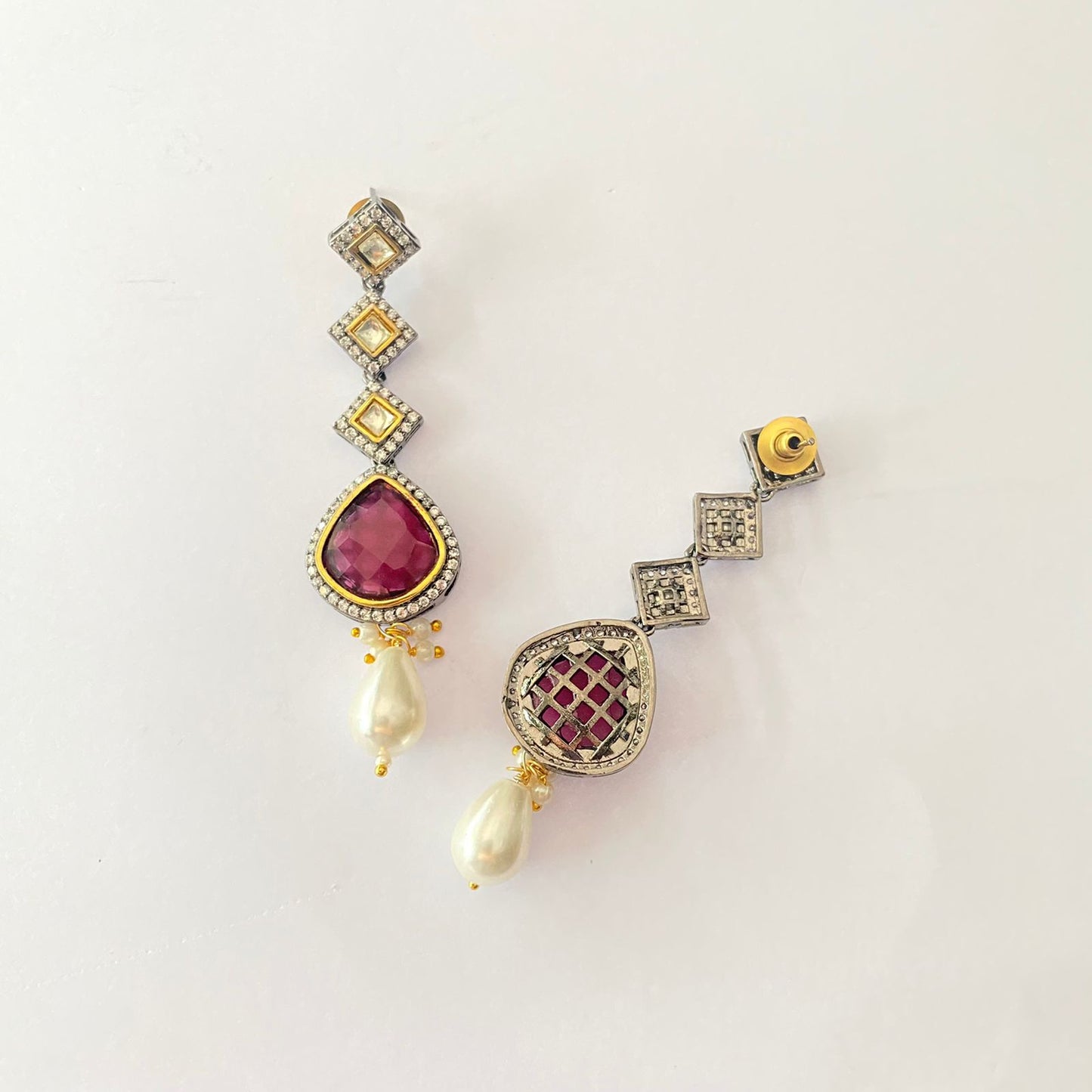 Victorian Polki Ruby Earring With Pearl